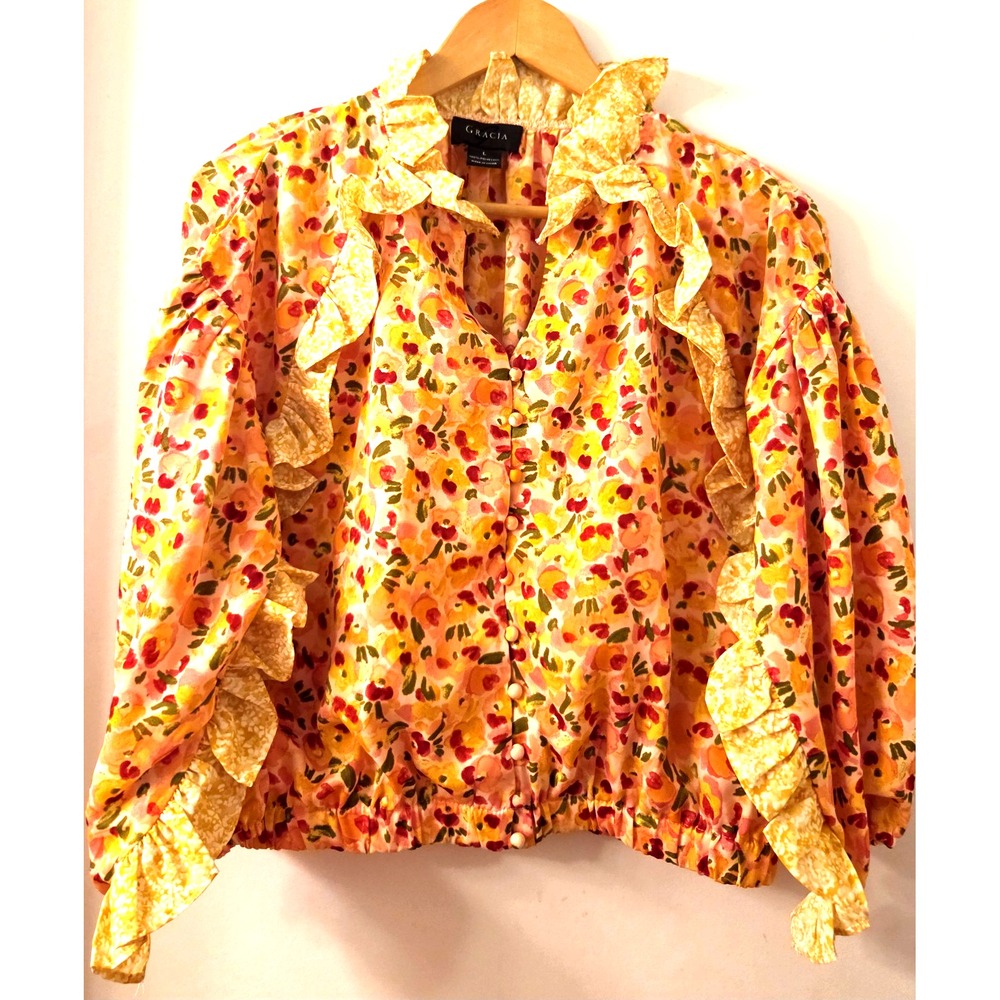 Gracia Blouse L Floral Peach/Yellow Button Down Ruffled Trim Accent Balloon Hem
